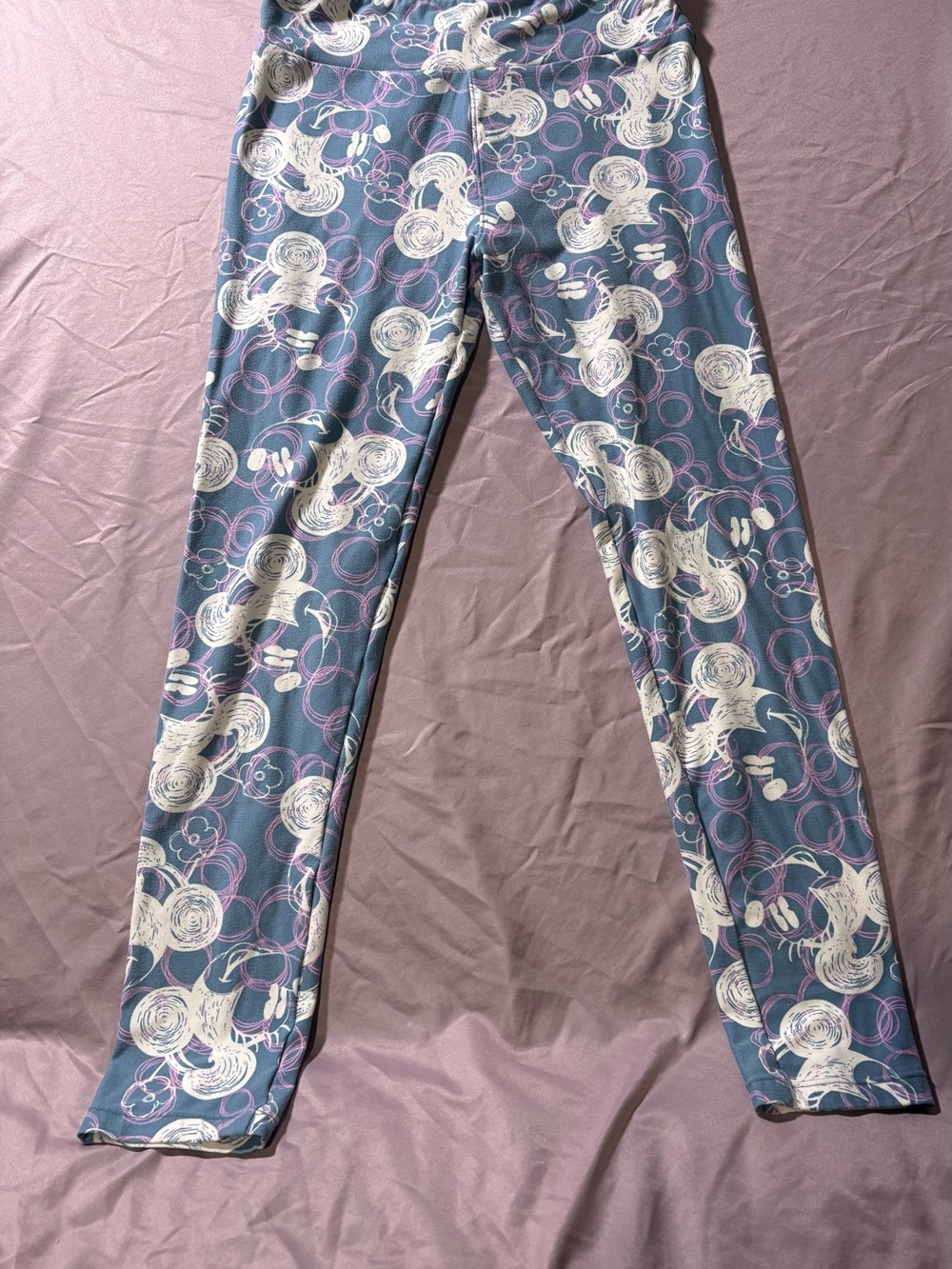 LuLaRoe Blue Leggings with White Swirl and Pink Ring Print